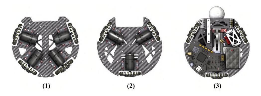 Fig. 8. (1) The 4 motor configuration (2) The 3 motor configuration (3) Final Design