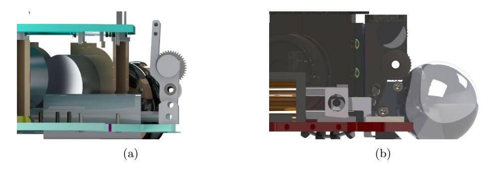 Fig. 5: 2023 OrcaBOT design with Revolute Type Dribbler Design (a) and 2024 OrcaBOT Design with Slot Mechanism (b)
