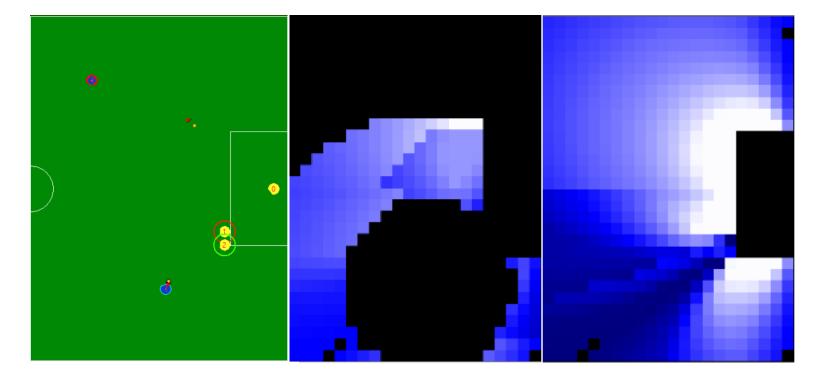 Fig. 2: The left image is a game scenario, the middle one is the heat map of EvaluatePass and the right one is the heat map of EvaluateShoot. Both indicate the evaluation by their brightness (black is 0, blue is 0.5 and white is 1)