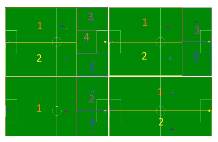 Fig. 3: The 4 images represent the attacking zones for different numbers of attacking robots