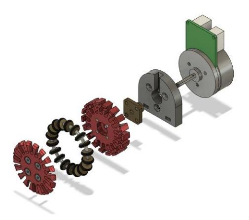 Fig. 1: From left to right: a) the top of the wheel with four countersunck hex bolt, b) ring with mini-wheels, c) base of the wheel, d) commercial coupling, e) a base to attach motor and f) the motor.