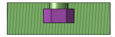 Cross sectional view of the kicker head, the green hatched area represents the body of the kicker head and the purple area shows a captive nut fully embedded in the body.