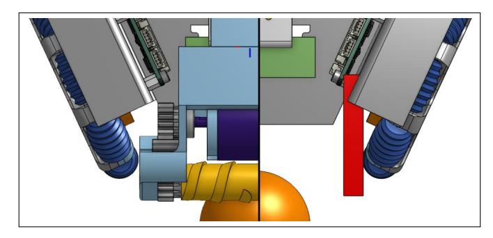 Comparison between tapered and non-tapered frames. Left side shows prototype dribbler with no interference issues due to a tapered frame. Right side has a red bar that represents the interference a non-tapered frame would have.