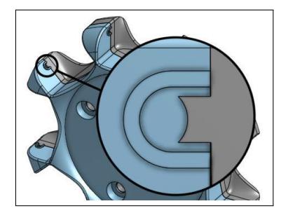 Detailed view of the omni-wheel axle holder. The axle is clamped in place by the circular grooves on each half of the wheel body.