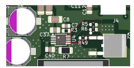 LT3750 Layout showing RV OUT (R5) and RDCM (R6) with keepouts for all power and ground planes underneath the red highlighted area