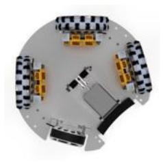 Fig. 1: Left: Render of the base plate with wheel arrangement and kicker (front right wheel and controller removed, exposing motor). Centre: Intermediate stage, plywood base plate. Right: completed, with PETG shell.