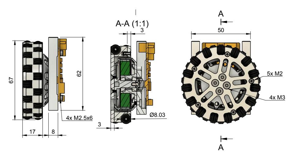 Fig. 2: The TurtleRabbit omniwheel drive with motor, controller, and motor mount.