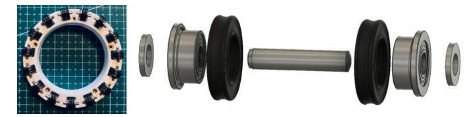 Fig. 3: Left: Subwheels mounted on PETG wheel chassis. Right: Subwheel exploded view, with washers, MF52 2Z bearings, NBR 4.47 mm × 1.78 mm X-ring, 2 mm × 10 mm dowel pin.