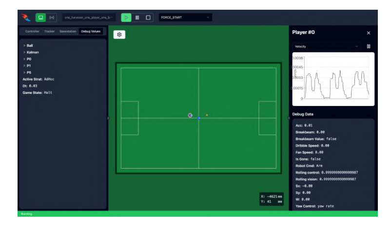 Figure 10: The debug interface showing real-time visualization of robot states, and paths. The built-in plotter (right) uses a custom scripting language for flexible data analysis.