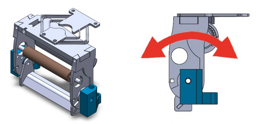 Figure 3: (a) An isometric view of the current dribbler design (b) A side view of the current dribbler design indicating the degree of freedom