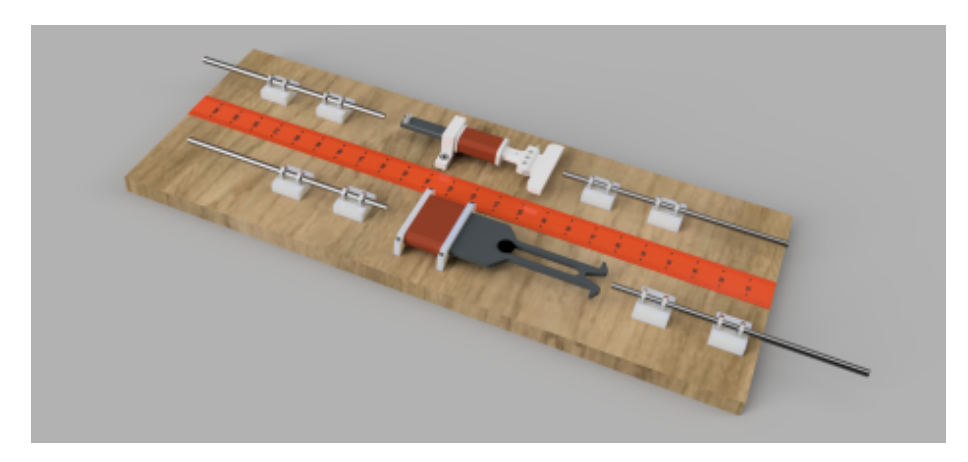 Fig. 3: Experimental setup that was used to determine the relative permittivity. The plungers position inside the coil can be fixed by the threaded rods. The position can be read off from the measuring tape.