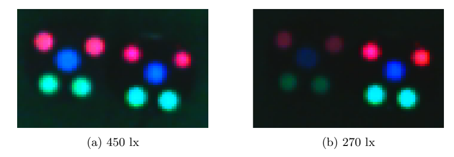 Comparison of illuminance dependence of colored marker on camera image(Left shows Colored paper markers and right shows Active markers in each fihure, respectively)