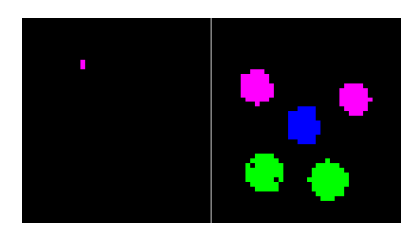 Recognition of the markers at 270lx on SSL-Vision (Left: Colored paper markers Right: Active markers