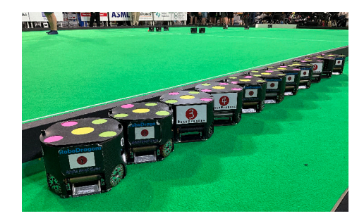 Fig. 1: The 7G and 8G RoboDragons robots at the RoboCup 2024 venue.