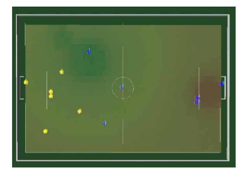 Screenshot from grSim simulator showing the potential field in the actual scenario, with the robot 1 positioned at the chosen point.