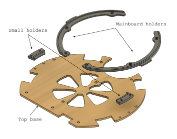 Fig. 5: 2024 version of the Top Base, featuring two holders for the mainboard and two small holders to secure the Top Base to the mainboard. Fig. 6: 2025 version of the Top Base.