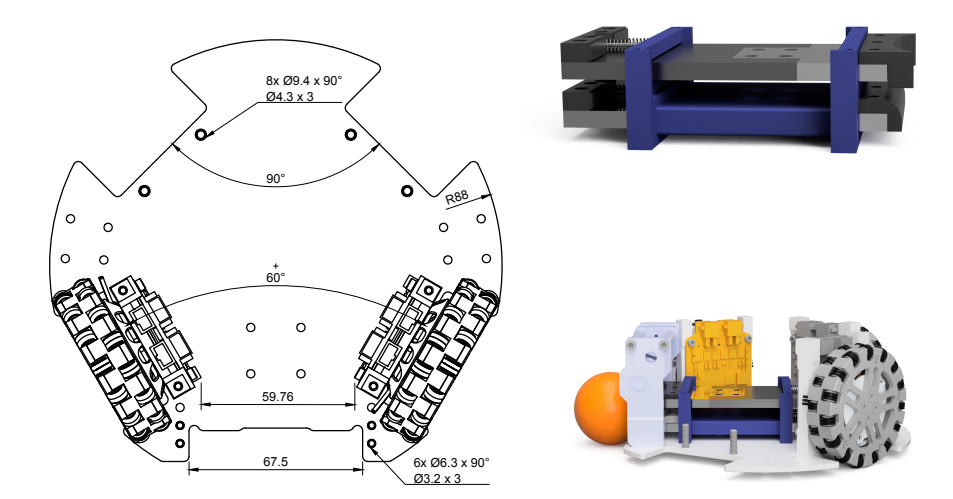 Fig. 1. Left: Base plate with the front wheel groups including motor mount and controllers. The front wheel angle is 60 degrees to increase the space for kicker and dribbler. Right top: A render of the two level kicker device, shown without the wire windings, and the straight (top) kicker without the frame for the windings. Right bottom: Render of the base plate with the new kicker, with the left front wheel group removed.