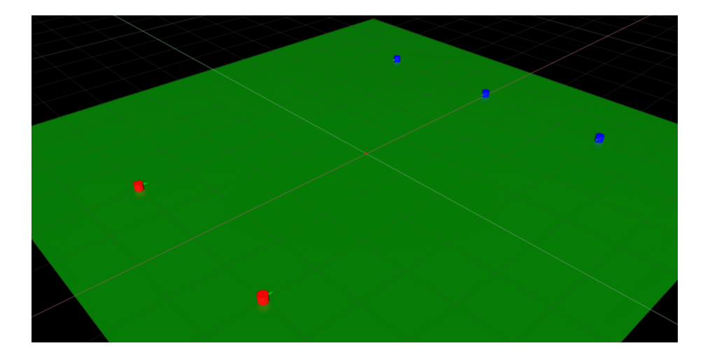 Fig. 3. A simple Isaac Sim environment of the field with multiple robots and a ball.