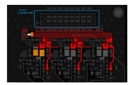 PCB layout of shunt resistor and DC link capacitor bank connected to power stage on MD V6