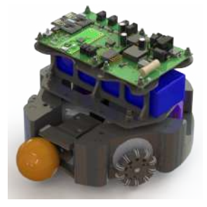 3D render showing the low-cost robot mechanics. Figure 10b shows the three main layers: the kicker and wheels at the bottom, the battery in blue in the middle, and the PCBs at the top.