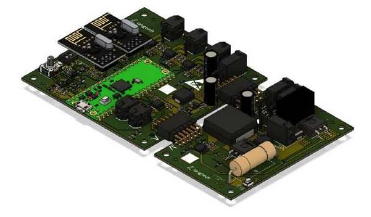 The top-left PCB is the MainBoard, while the bottom-right PCB is the KickBoard. The top-right board-to-board connector supplies battery voltage to the KickBoard, whereas the bottom-left board-to-board connector transmits two PWM signals, 3.3 V, and the capacitor voltage post the voltage divider circuit. The MainBoard top Micro-Fit connectors supply the three motors, and the two bottom ones are used for the ball sensor. The one Mini-Fit in MainBoard is the battery connector. The top two KickBoard Mini-Fit connectors are used for the external kicking capacitors, and the right Mini-Fit is used to connect the solenoid.