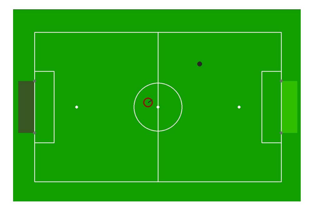 Fig. 1. A render of the push ball to goal environment in our abstract simulator.
