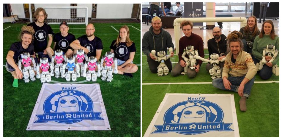 Team Berlin United at RoboCup 2023 (left), at RoHOW 2023 (right).