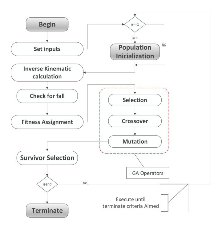 Fig. 3. Walking algorithm based on inverse kinematics with optimization by genetic algorithm [1]
